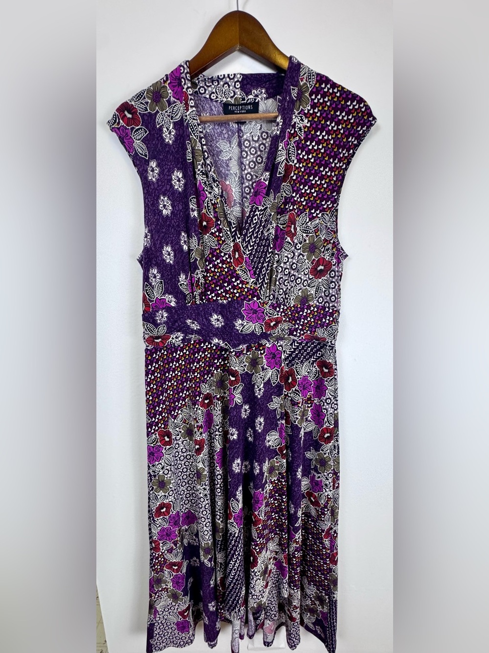 Perceptions New York Maxi Dress L Purple Floral Faux Wrap High Low Boho